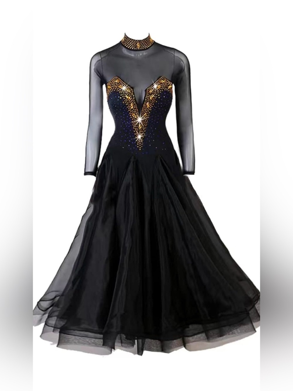Black Long-Sleeve Ballroom Dress with Gold Accent NWOT